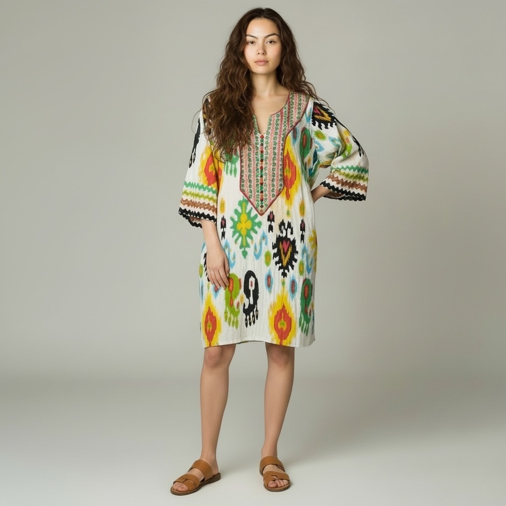 Boho Festival Geometric Tunic Resort Ikat Embroidered 100% Cotton Blouse Size L - Picture 2 of 10